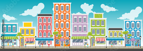 Street of a colorful city with cartoon business people

