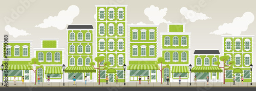 Street of a green city with cartoon business people

