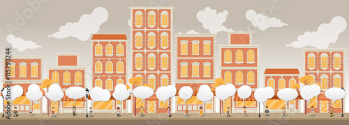 Street of a red city with cartoon people talking
