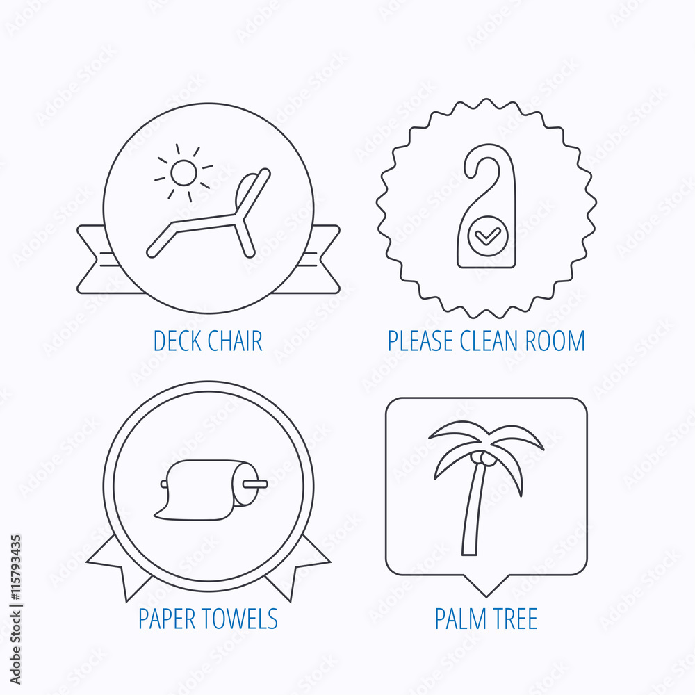 Palm tree, paper towel and beach deck chair icons. Palm tree, paper towel and beach deck chair icons.