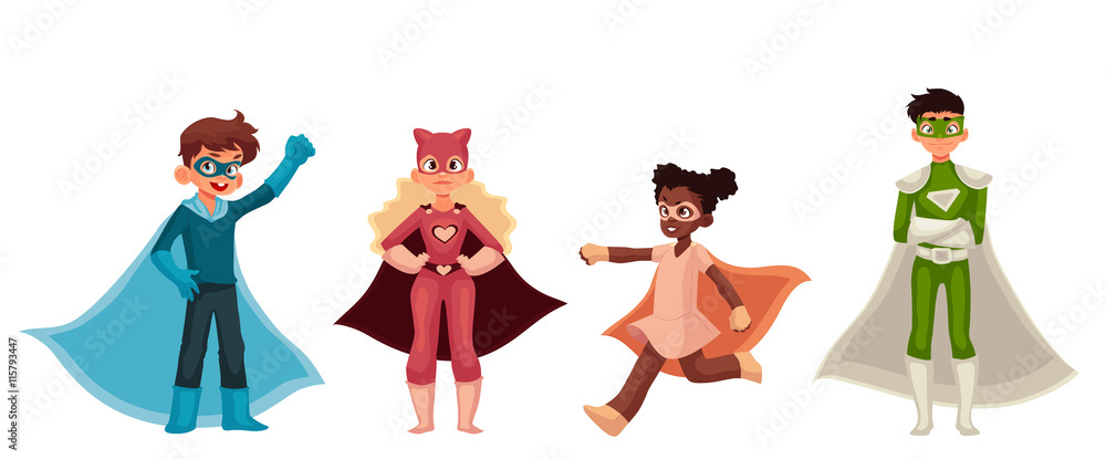 Superhero kids cartoon style vector illustration isolated on white  background. Boys and girls in superhero costumes playing superpower,  children in superhero fancy dresses Stock Vector | Adobe Stock