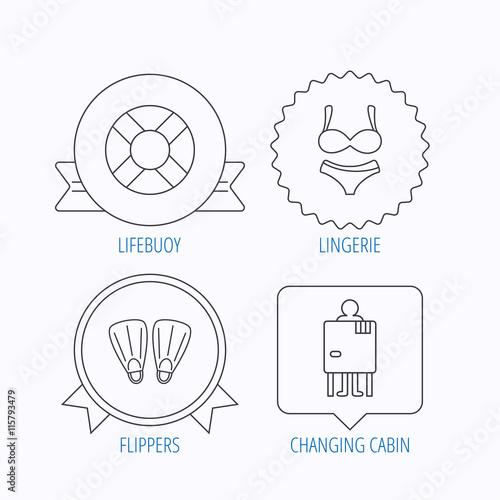 Lifebuoy, lingerie and flippers icons.