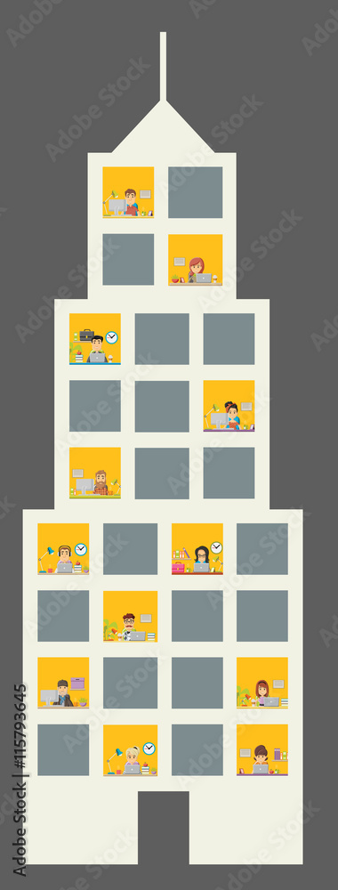 Template with cartoon business people working with computer. Office workspace with desks. Template with cartoon business people working with computer. Office workspace with desks.