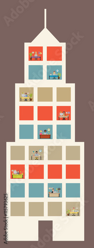 Widows with cartoon business people working. Building with office workspace. 