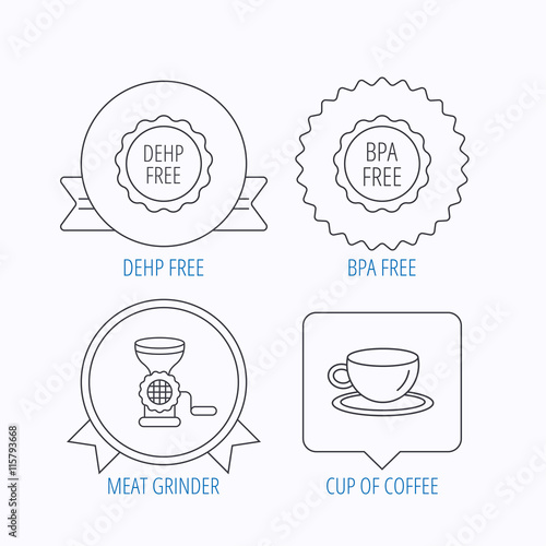 Coffee cup, meat grinder and BPA free icons.