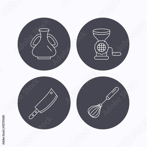 Meat grinder, butcher knife and whisk icons.