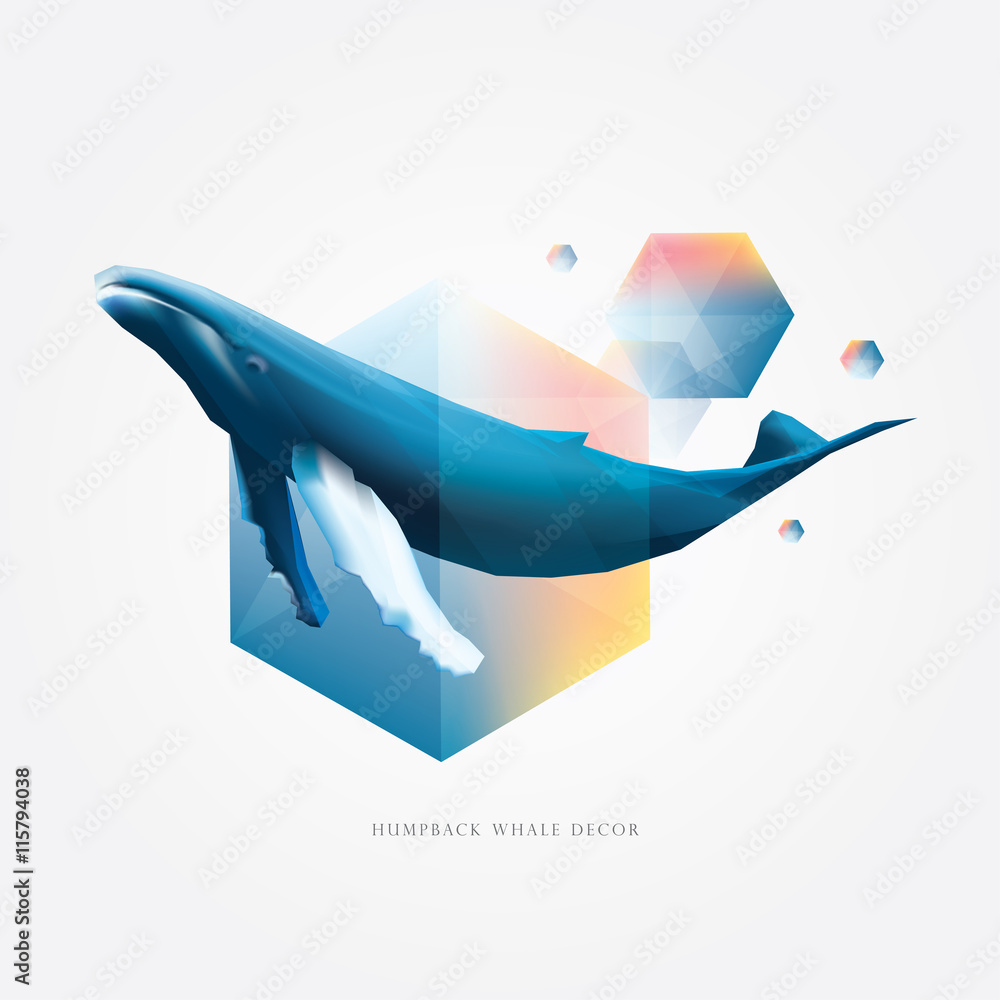 Fototapeta premium Colorful vibrant geometric polygonal design elements with Humpback whale decoration