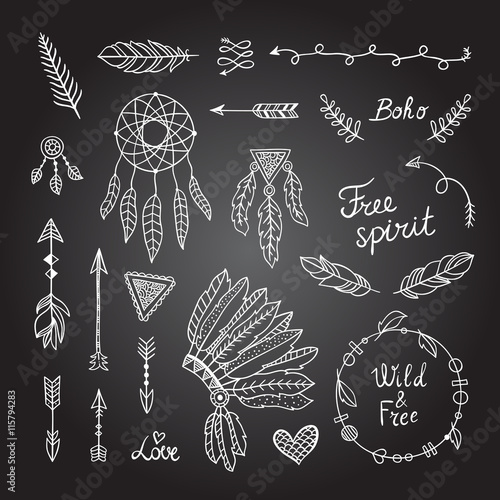 Boho style elements. Tribal designs: feather, wreaths, arrows and dreamcatcher