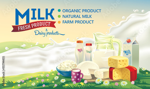 Still life of a set of dairy products on the background of splash of milk, and the rural summer landscape.