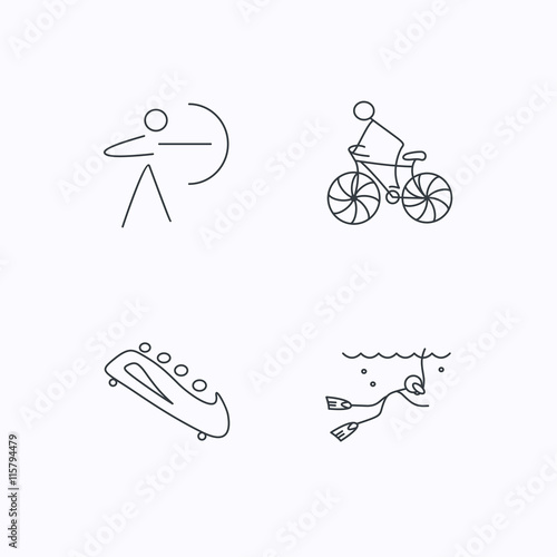 Diving, biking and archery icons.