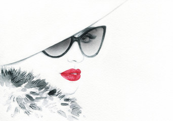 Leinwandbilder Aquarell Gesicht Beautiful woman with sunglasses. Abstract fashion watercolor illustration  © Anna Ismagilova