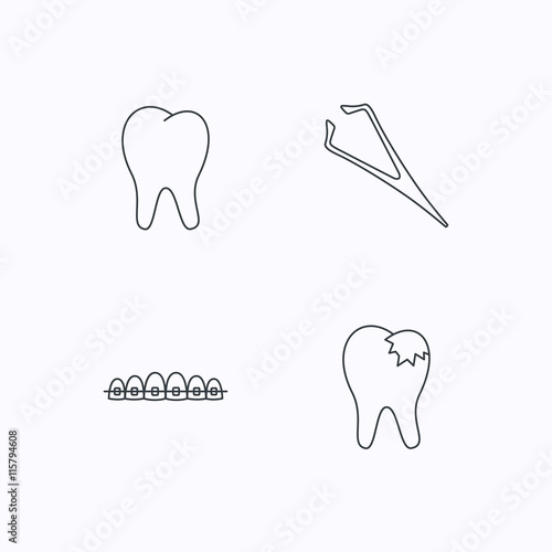 Dental braces, fillings and tooth icons.