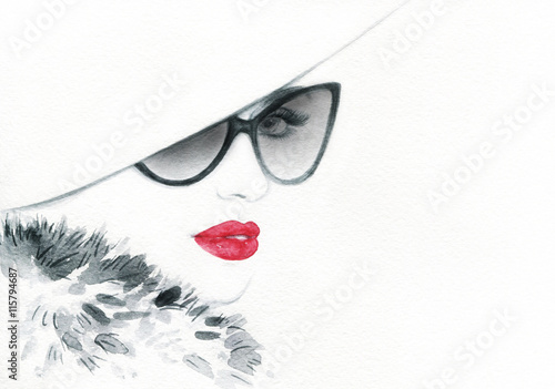 Beautiful woman with sunglasses. Abstract fashion watercolor illustration