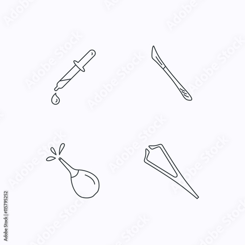 Pipette, medical scalpel and clyster icons.