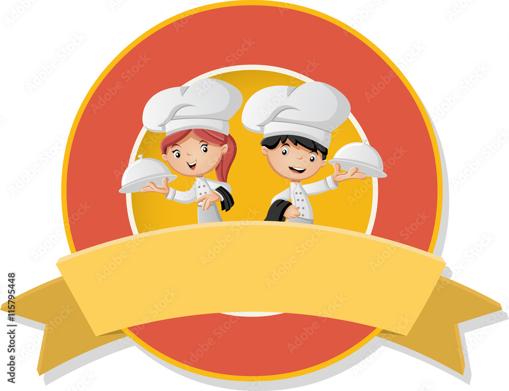 Vector banners and labels backgrounds with cartoon chefs holding tray ...