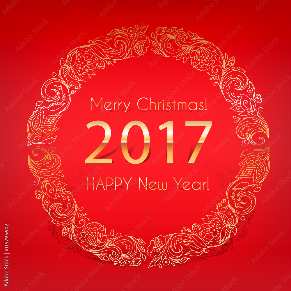 2017.Merry Christmas and happy new year. Gold numbers and lettering on a red background. Template invitations, greeting cards,holiday cards. Frame from vegetative linear pattern.