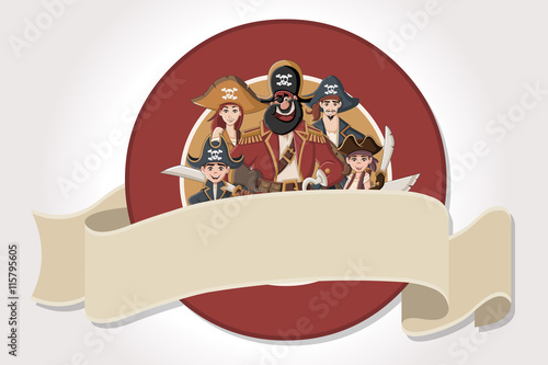 Vector banners and labels backgrounds with cartoon pirates with swords. Desig...