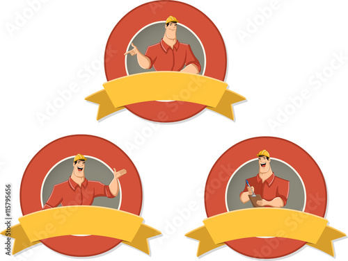 Vector banners and labels backgrounds with cartoon worker character in different actions. Design text ribbons. 

