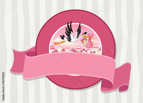 Vector banners and labels backgrounds with cartoon stork delivering a newborn baby girl. Design text ribbons. 