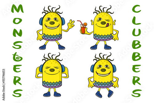Set of Cute Cartoon Monsters Clubbers, Colorful Characters in Headphones, Listening Music, Smiling and Dancing, Elements for Your Holiday Party Design, Prints and Banners, Isolated on White. Vector