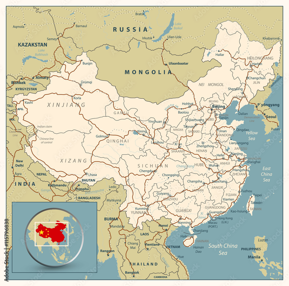 Highly detailed road map of China with roads, railroads and wate