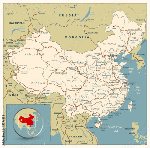 Highly detailed road map of China with roads, railroads and wate