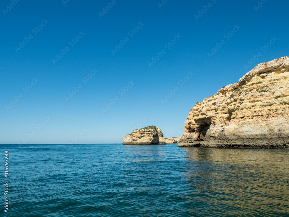 A view of the rocks on the sea near the Algarve coast in Portugal, 2016