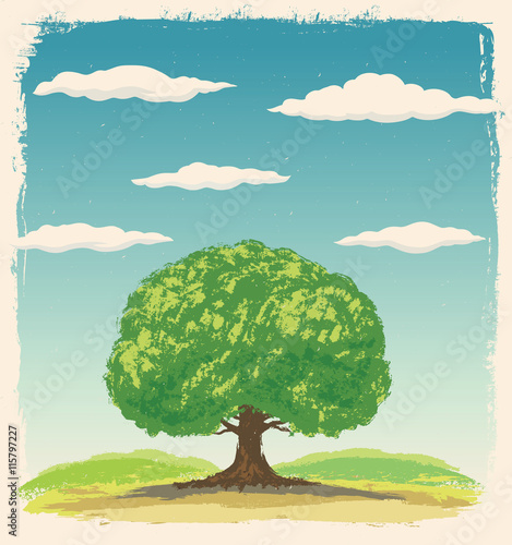 Graphic tree on a background summer landscape with clouds in the sky.