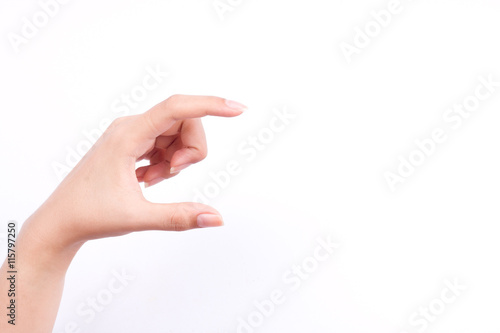 finger hand symbols isolated concept woman hand holding a futuristic business card or camera or mobile phone on white background 