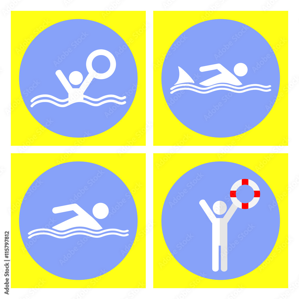 Swimmer stick figure icon. Attention sign icon. Water safety icon.