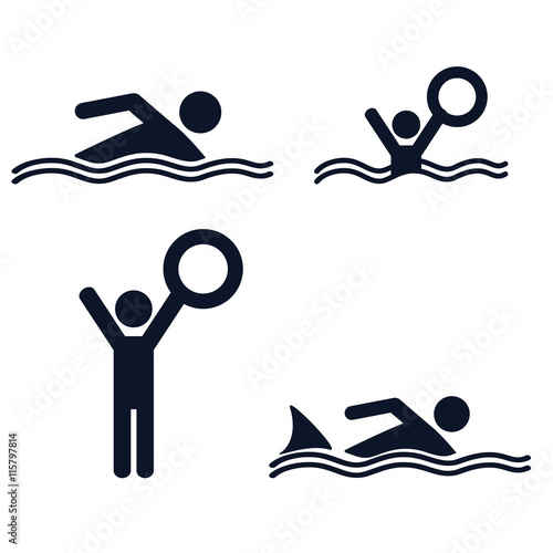 Swimmer stick figure icon. Attention sign icon. Water safety icon.