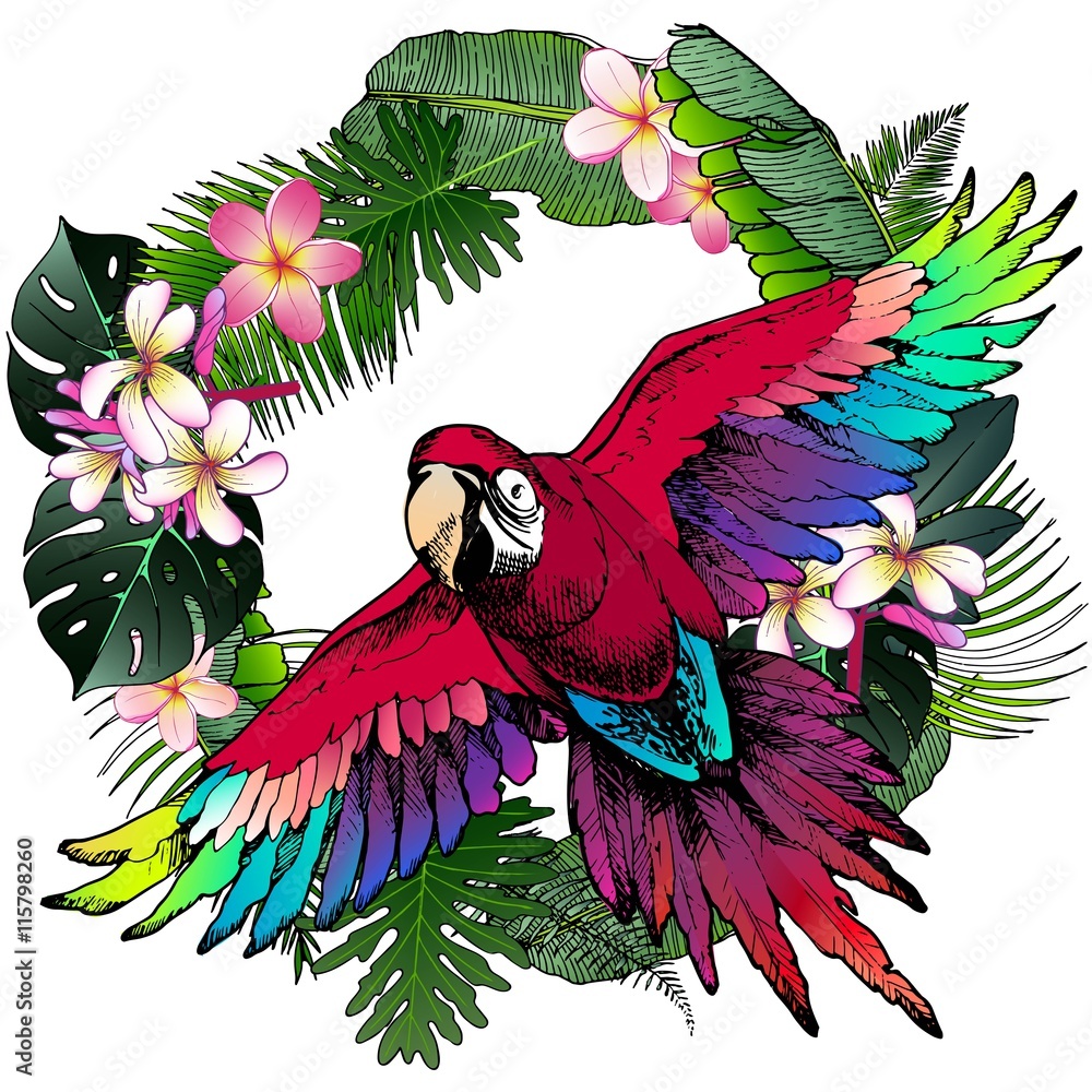 Vector portrait of Ara Macaw parrot. Decorated with exotic palm leaves and  flowers. Wild African animals collection in hand drawn color style. Stock  Vector | Adobe Stock