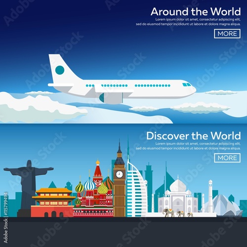 Flat vector web banners on the theme of travel. Around the World. Discover the World