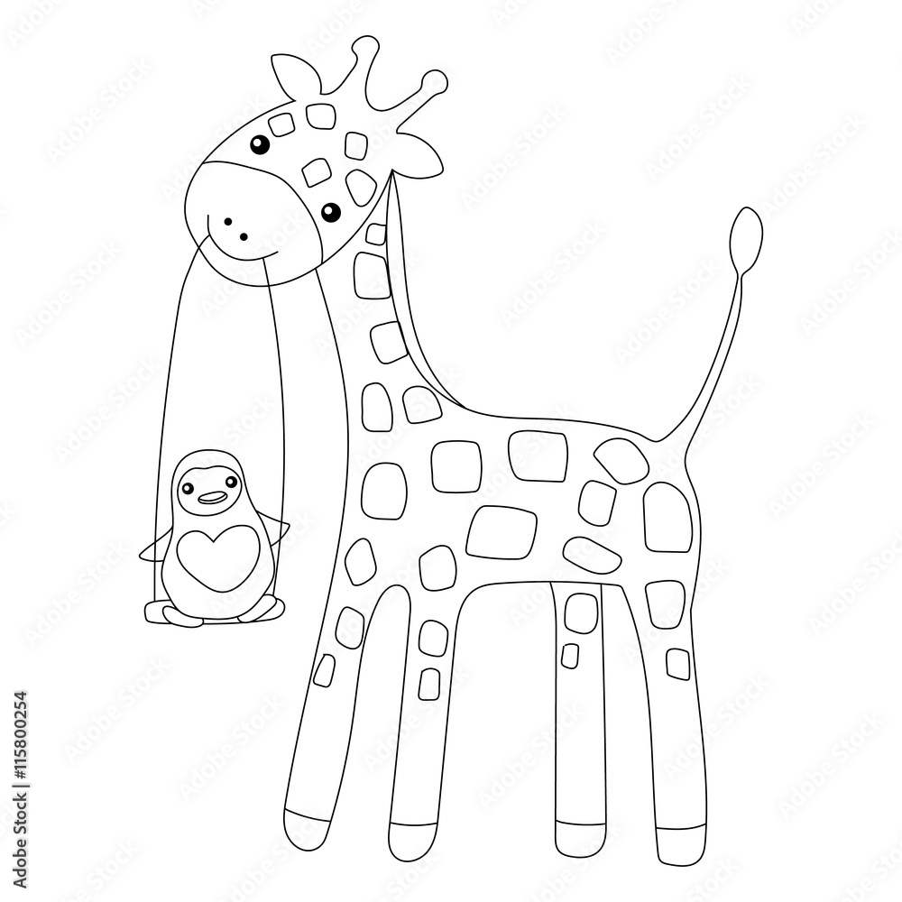 Coloring page Little cute giraffe and penguin isolated on white ...