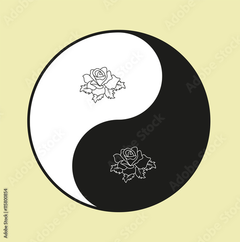 Yin e Yang symbol with roses on separate backgroung, simbolo yin e yang con rose su sfondo separato