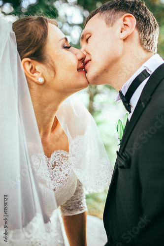 Beautiful bride and groom embracing and kissing on their wedding day outdoors. Forest, park