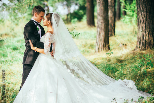 Fotografia, Obraz Young wedding couple enjoying romantic moments outside on a summer meadow