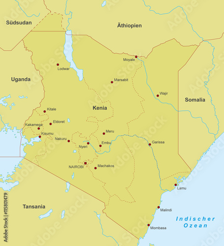 Kenia Karte - Orange (detailliert)
