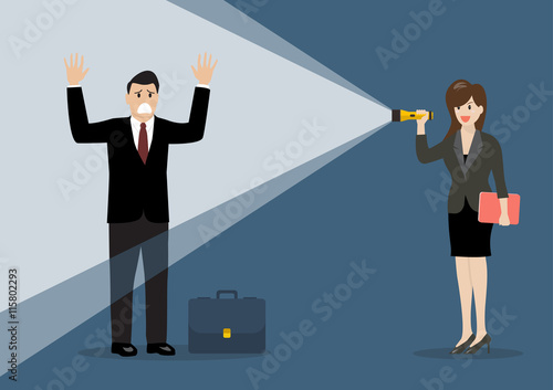 Business woman holding flashlight glow to businessman