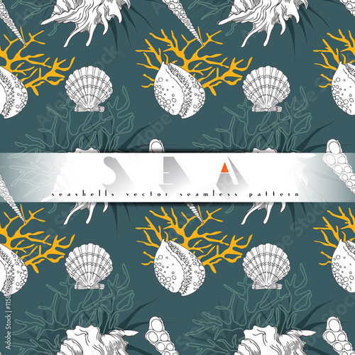 Seashells line art vector seamless pattern with ocean corals in different forms turquoise background. Sea life, underwater isolated hand drawn concept illustration.