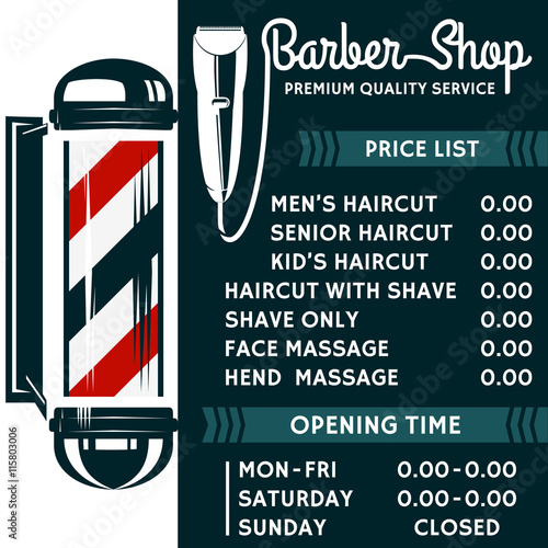 Barber Shop vector price list template. Haircut and shave retro barber sign on dark background. 