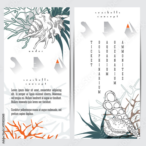 Sea life concept design, seashells vector line art composition with corals, algae and text. Coral reef graphic design card on white background with sea logo.