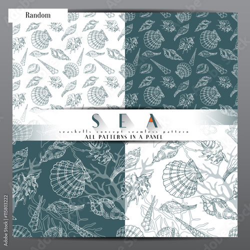 Seashells vector seamless pattern simple monochrome with algae and coral. Sea life, different form seashells line art underwater isolated hand drawn concept illustration.