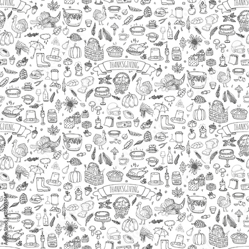 Seamless background. Hand drawn doodle Thanksgiving icons. Vector illustration autumn symbols collection. Cartoon various celebration elements  turkey  hat  cranberry  vegetables  pumpkin pie  leaves