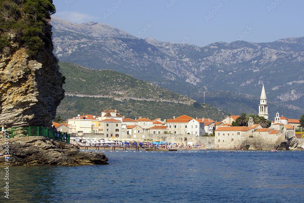 view old town Budva from beach