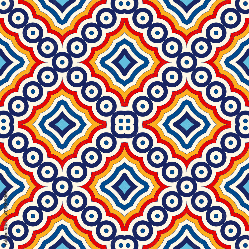 Bright ethnic abstract background. Seamless pattern with symmetric geometric ornament. Bright ethnic abstract background. Seamless pattern with symmetric geometric ornament.