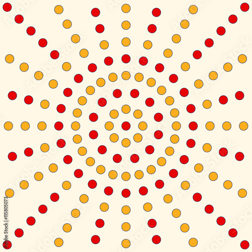 Pattern with symmetric geometric ornament. Abstract repeated bright circles background. Sun rays backdrop.