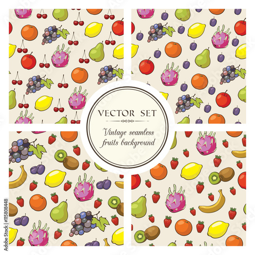 Fototapeta Naklejka Na Ścianę i Meble -  Vector set of seamless patterns with fruit and berries