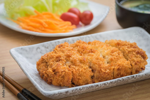 Crispy fried pork on plate and soup, Japanese food style