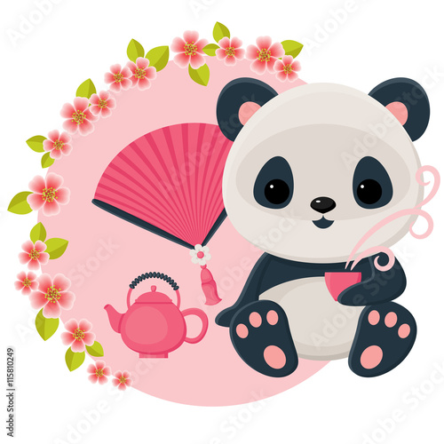 Fototapeta Naklejka Na Ścianę i Meble -  Baby panda is drinking oriental tea. Vector cartoon illustration
